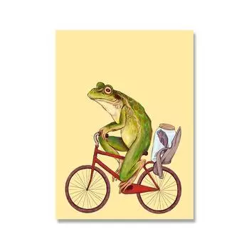 Забавный винтажный постер с лягушкой, поездка на велосипеде, художественный принт, гриб, клубника, цветок одуванчика, настенная живопись на холсте, домашний декор без рамки 21*30cm