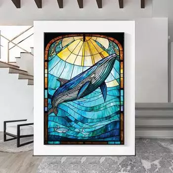 Забавный витраж с узором, художественный плакат с изображением морской жизни, домашний декор, морской конек, скат манты, китовая акула, дельфин, холст, картина, настенное искусство, без рамки 21*30cm