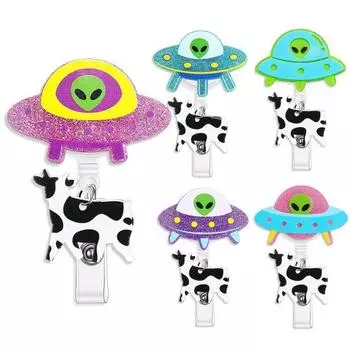 Забавный значок на катушке, легко вытягиваемая пряжка, дизайн Alien Cow, вращающийся на 360 градусов, выдвижной зажим для удостоверения личности розовый/синий