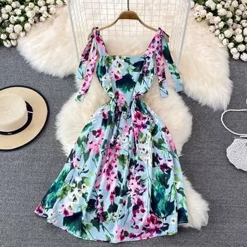 Zachte Wind Mouwloze Gebloemde Jurk Vrouwelijke Eerste Liefde Platycodon Grandiflorum Kleine Super Xiansen Serie Beha Jarretel Jurk