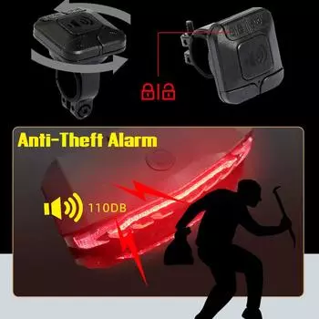 Задний фонарь для велосипеда 5 в 1 с поворотниками, противоугонная сигнализация, светодиодный задний фонарь, водонепроницаемый с 6 моделями пульта дистанционного управления для горного велосипеда, ночного катания на велосипеде чёрный
