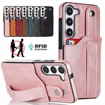 Задняя крышка из искусственной кожи с защитой от кражи для iPhone 14 13 12 11 Pro Max Samsung Galaxy S23 S22 S21 S20 Ultra A13 A33 A53, чехол-кошелек с подставкой и держателем Samsung Note 20 Ultra чёрный