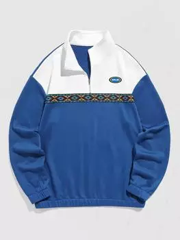 ZAFUL Четверть молнии этнический геометрический принт цветной блок пуловер толстовка S синий