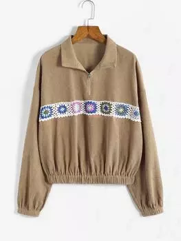 ZAFUL Вельветовый свитшот с цветочным узором на молнии и полузастежкой-молнией S света кофе