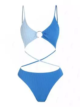 ZAFUL Cut Out Textured Two Tone O-ring One-piece Swimsuit S синий