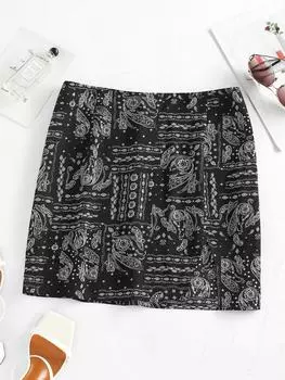 ZAFUL Front Slit Ethnic Paisley Print Skirt S чёрный