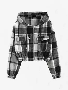 ZAFUL Клетчатая фланелевая куртка с карманом-клапаном на молнии и капюшоном S чёрный