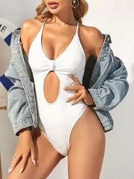 ZAFUL Слитный купальник с узелками, ребристым узором и перекрещивающимися бретелями S белый