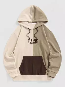 ZAFUL Men s Casual PARIS INTERNATIONAL Letter Embroidery Two Tone Colorblock Kangaroo Pocket Polar Fleece Fluffy Hoodie XXL света кофе