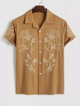 ZAFUL Men s Flower Plant Abstract Embroidery Lapel Collar Short Sleeves Vacation Shirt S кофейный