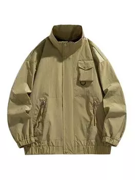 ZAFUL Мужская водонепроницаемая ветровка с воротником-стойкой, застегивающимся на молнию и карманом на плече и кнопками S зелёный