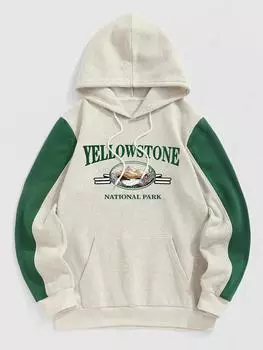 ZAFUL Мужская толстовка с капюшоном и карманом-кенгуру с флисовой подкладкой и принтом «Горы» в стиле Йеллоустоунского национального парка S светло-серый