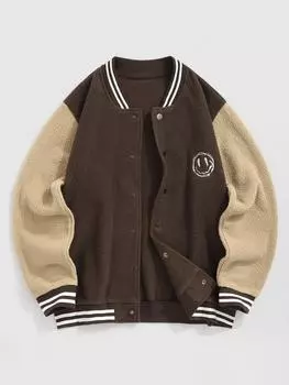 ZAFUL Мужская бейсбольная куртка из искусственного меха с вышитым воротником-стойкой и двухцветным цветным блоком в виде улыбающегося лица S кофейный
