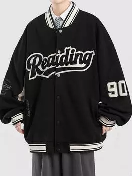 ZAFUL Мужская бейсбольная куртка в стиле колледжа с вышитыми буквами READING, косыми карманами, воротником-стойкой и цветными блоками S чёрный