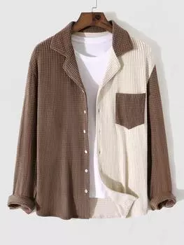 ZAFUL Мужская двухцветная рубашка из флиса с отложным воротником и длинными рукавами, цветными блоками и передним карманом S коричневый