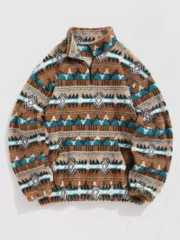 ZAFUL Мужская флисовая пушистая толстовка с этническим ацтекским принтом и карманом на молнии на четверть дюйма S кофейный