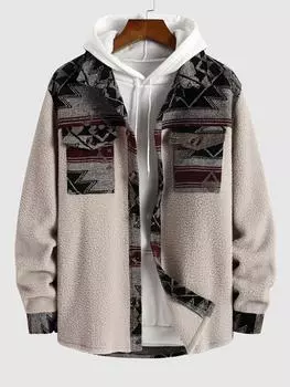 ZAFUL Мужская куртка из искусственного меха с отложным воротником, карманом-клапаном и пуговицами спереди, с этническим ацтекским принтом S света кофе