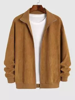 ZAFUL Мужская однотонная повседневная бейсбольная куртка из искусственной замши с карманами на молнии и длинным рукавом S кофейный