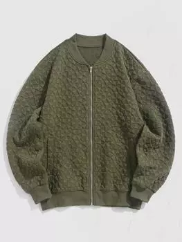 ZAFUL Мужская однотонная повседневная жаккардовая текстурированная бейсбольная куртка-бомбер с застежкой-молнией и воротником-стойкой с длинными рукавами S глубокий/зелёный