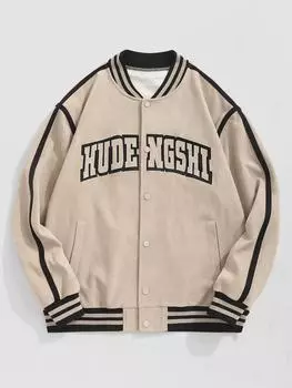 ZAFUL Мужская повседневная бейсбольная университетская куртка Preppy с карманами на кнопках, полосками, вышитыми буквами и искусственной замшей S света кофе