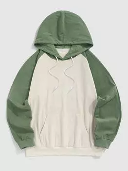 ZAFUL Мужская повседневная двухцветная цветная толстовка с капюшоном из вельвета с рукавом реглан и карманом на завязке S зелёный/глубокий