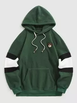 ZAFUL Мужская повседневная флисовая пушистая толстовка с капюшоном с цветными блоками и аппликацией в виде медведя из мультфильма XL глубокий/зелёный