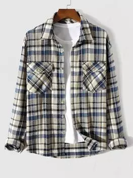 ZAFUL Мужская повседневная клетчатая рубашка с клапаном, карманами-карго, застегивающимися на пуговицы с длинным рукавом, фланелевая куртка, жакет S света кофе