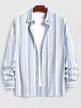 ZAFUL Мужская повседневная рубашка из 100% хлопка с вертикальными полосками и длинными рукавами на пуговицах S светло-синий