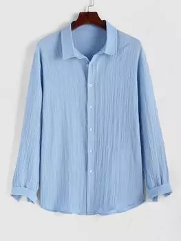 ZAFUL Мужская повседневная рубашка в стиле минимализма с однотонной текстурой на пуговицах спереди и длинными рукавами S светло-синий