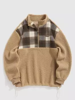 ZAFUL Мужская повседневная толстовка из искусственного шерпа с пушистым узором в клетку, с полумолнией, воротником-стойкой, застежкой-тоглом и шнурком S кофейный