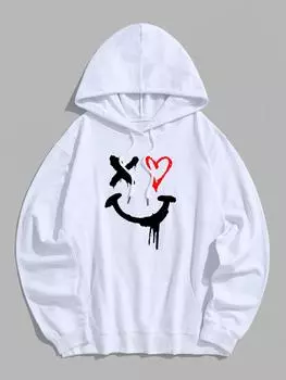 ZAFUL Мужская повседневная толстовка с капюшоном из хлопка с принтом сердца и улыбки и карманом-кенгуру M белый