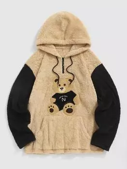 ZAFUL Мужская повседневная толстовка с капюшоном с карманом-кенгуру и завязками на шнурке, цветные блоки, мультяшный медведь, нашивки, пушистый текстурированный свитер с капюшоном S света кофе