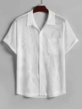 ZAFUL Мужская прозрачная сетчатая рубашка с передним карманом, застегивающаяся на пуговицы, однотонная, с короткими рукавами S белый