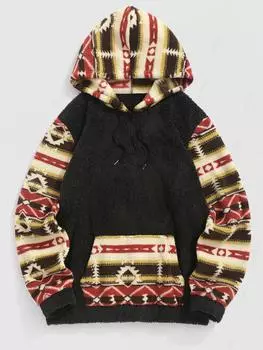 ZAFUL Мужская пушистая флисовая толстовка с капюшоном и карманом-кенгуру с принтом в стиле ретро и этническим ацтекским узором S чёрный