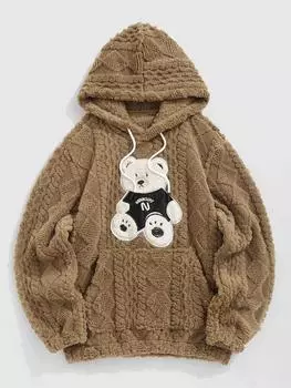 ZAFUL Мужская толстовка с капюшоном из искусственного меха с нашивками в виде медведя и ромбами, с текстурированным карманом-кенгуру S кофейный