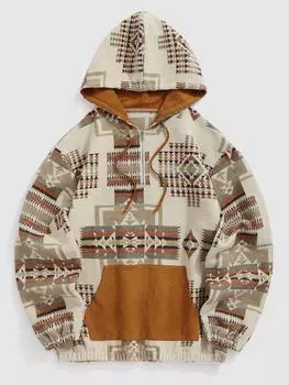 ZAFUL Мужская толстовка с капюшоном с цветными блоками, этническим геометрическим принтом, карманом-кенгуру и четвертью молнии S коричневый