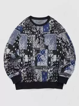 ZAFUL Мужская толстовка в этническом стиле с круглым вырезом, длинным рукавом, принтом пейсли и жаккардовым узором, контрастной ребристой кромкой S синий/глубокий