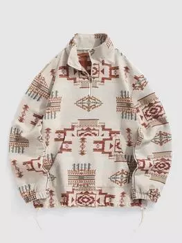 ZAFUL Мужская винтажная шерстяная толстовка-кенгуру с этническим ацтекским принтом и карманом на четвертной молнии S серый