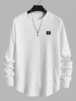 ZAFUL Мужская жаккардовая фактурная толстовка с круглым вырезом и длинными рукавами с нашивками S белый