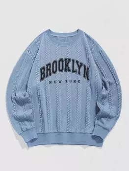 ZAFUL Мужской повседневный свитер с длинными рукавами и круглым вырезом с графическим принтом и жаккардовой текстурой и узором «косички» S светло-синий