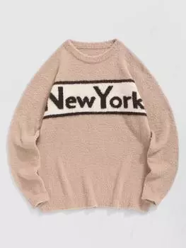 ZAFUL Мужской повседневный свитер с круглым вырезом и принтом «Нью-Йорк» S хаки