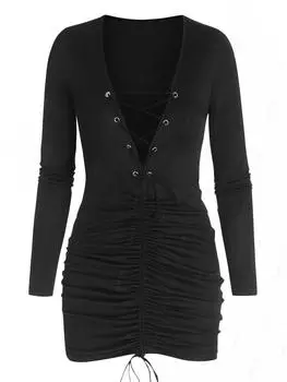 ZAFUL Платье-футляр с длинными рукавами и шнуровкой спереди S чёрный