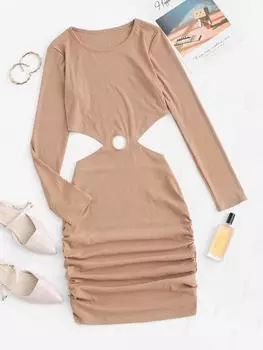 ZAFUL Платье-футляр с ребристым вырезом и сборками S света кофе
