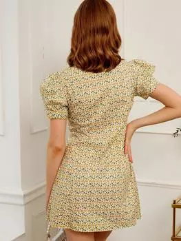 ZAFUL Платье в стиле ретро с плоским воротником и рукавами-жиго из листьев гинкго S светло-желтого