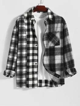 ZAFUL Повседневная мужская клетчатая куртка с передним карманом на пуговицах и длинными рукавами из фланели S чёрный