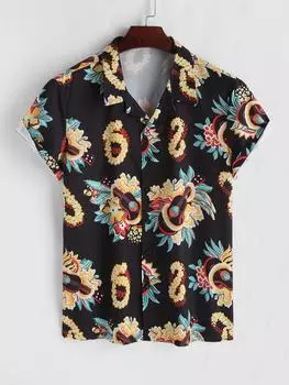 ZAFUL Рубашка с цветочным принтом гитары на лацкане S чёрный