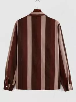 ZAFUL Рубашка с длинным рукавом и контрастным полосатым принтом и заплатками S кофейный