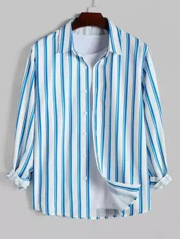 ZAFUL Рубашка с длинными рукавами и вертикальным полосатым узором и асимметричным подолом S светло-синий