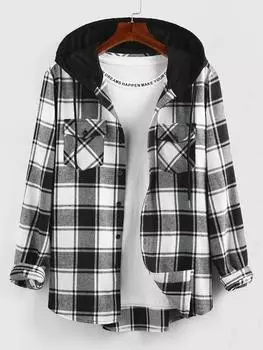 ZAFUL Рубашка с капюшоном и клетчатым принтом, с двумя карманами L чёрный