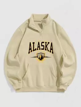 ZAFUL Толстовка-пуловер в винтажном стиле с принтом ALASKA, флисовой подкладкой, на молнии, с передним карманом и четвертью S света кофе